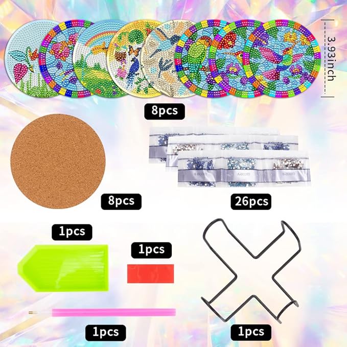 8 Pcs Diamond Art Coasters Kits for Adults with Holder Cork Pads, Hummingbird DIY Diamond Art Dots Painting Coasters Kits for Adults Beginners