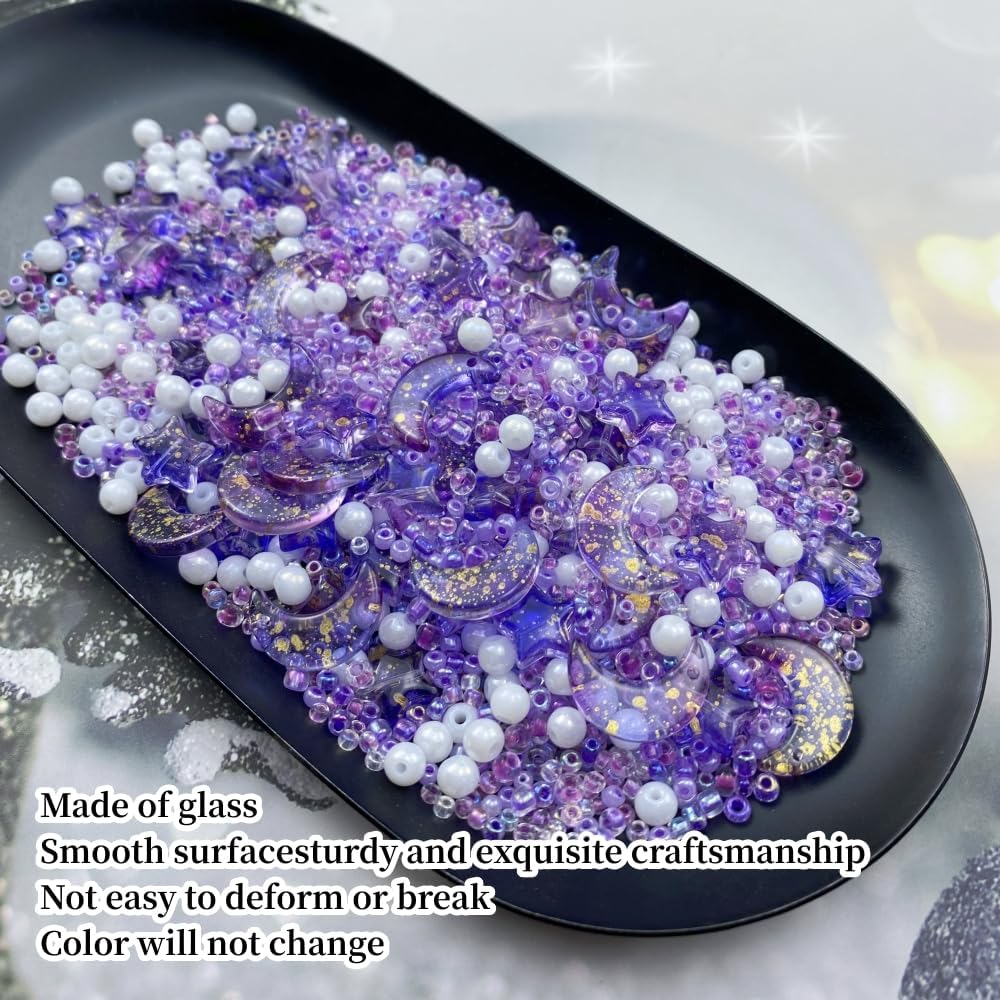 Assorted Glass Beads for Jewelry Making Multi Size Colors Glass Star Moon Seed Pearl Spacer Beads for Bracelets Necklace Earring Making(White Light Purple)