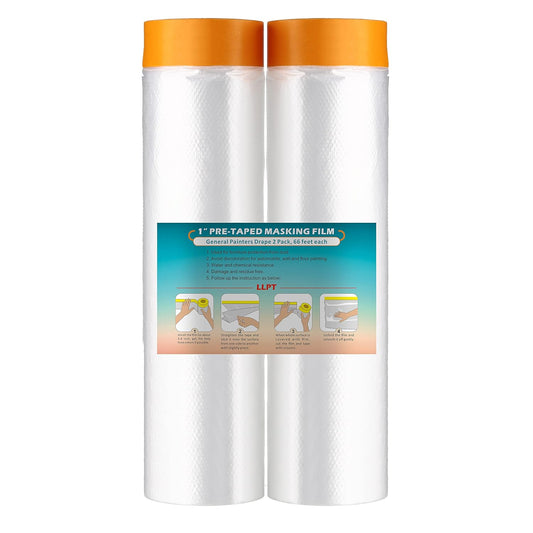 LLPT Tape and Drape 106.3”(Unfolded) x 66 Ft Each 2 Pack Pre-Taped Masking Film 0.27 Mil Painters Plastic Drop Cloth for Auto Wall Furniture Painting Protection (MFT2702)
