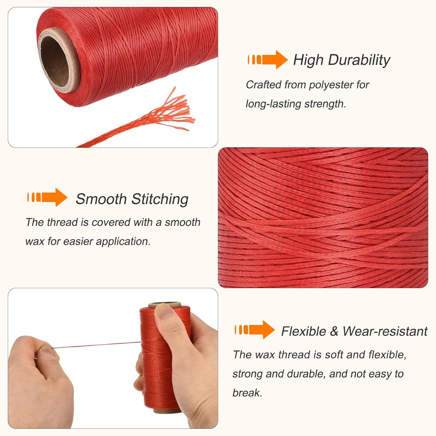 MECCANIXITY Waxed Thread,284 Yard 0.8mm 150D Flat Wax Thread Polyester Waxed String for Leather Sewing Hand Weaving Book Binding Home Decoration, Red