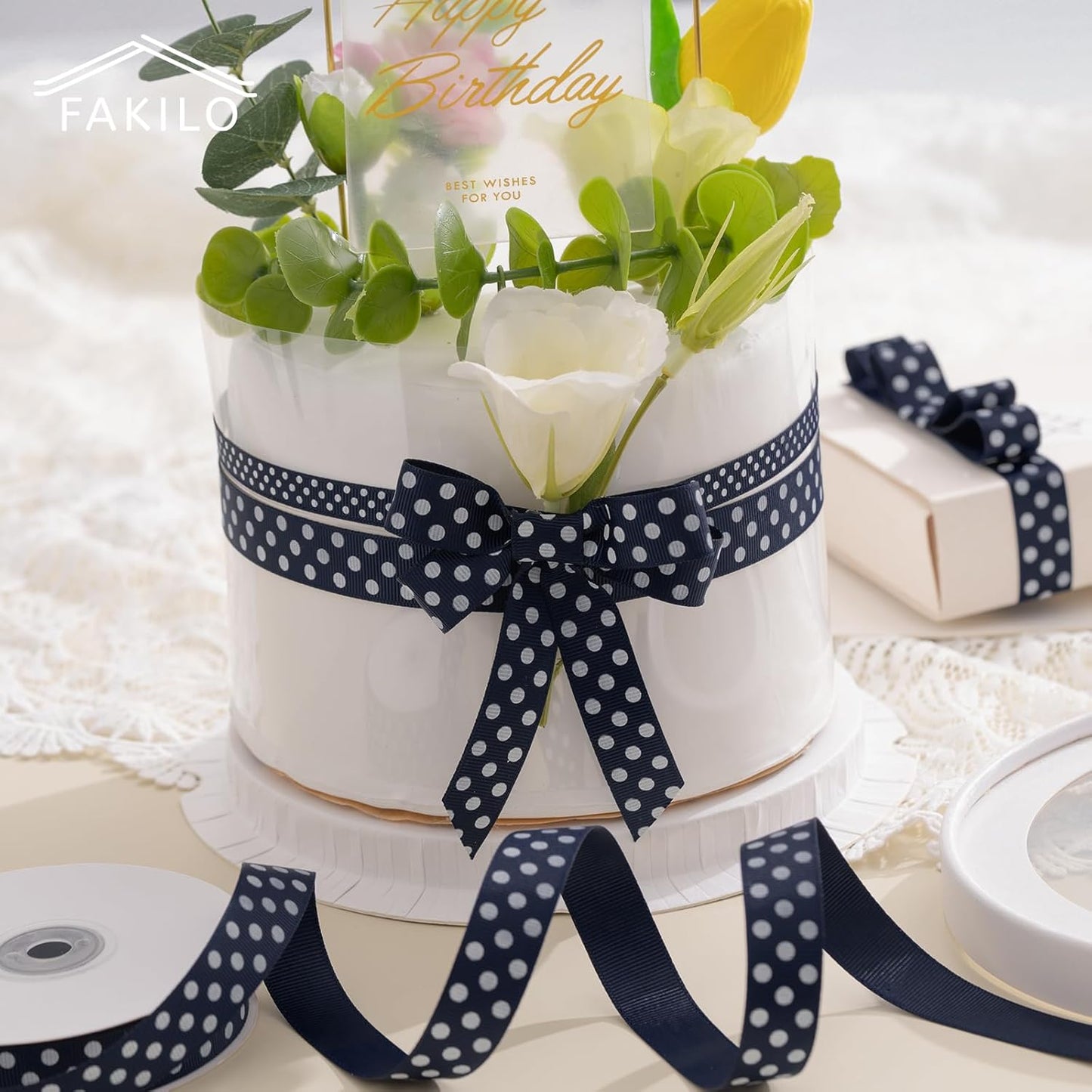 Polka Dot Grosgrain Ribbon 5/8 Inch, 25 Yards Spool Navy Blue and White Dot Craft Ribbon for Christmas Gift Wrapping DIY Crafts Hair Bows Wedding Party Decor Sewing and Home Decoration