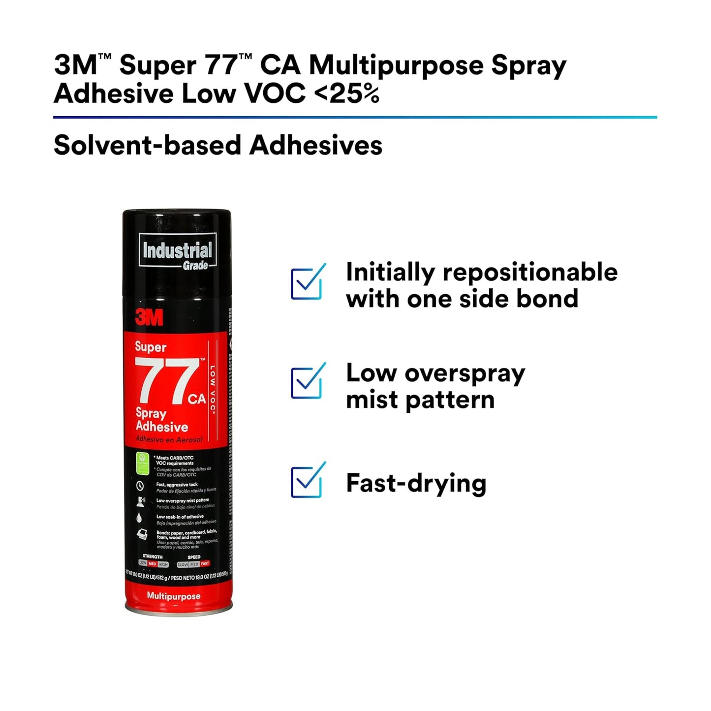 3M Super 77 Multipurpose Permanent Spray Adhesive Glue, Low VOC, Paper, Cardboard, Fabric, Plastic, Metal, Wood, Net Wt 18 oz