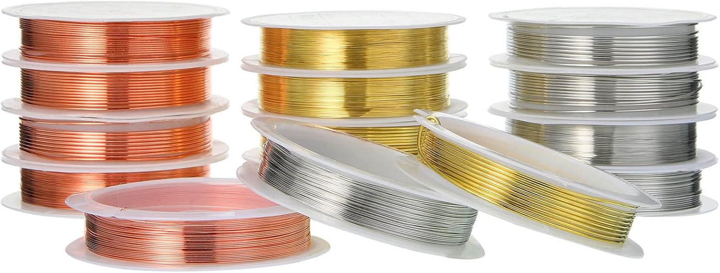 Mixweer 15 Pcs 5 Size Copper Wire 18 20 22 26 32 Gauge Tarnish Resistant Jewelry Wire for Jewelry Making 121 Yard Metal Beading Crafting, Rose Gold, Silver and Gold