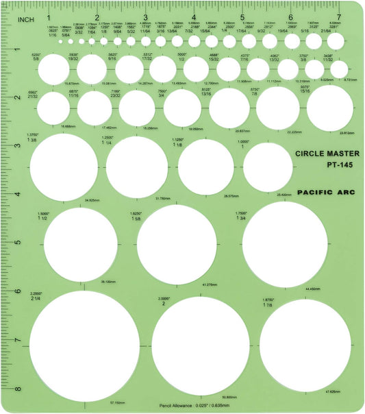 Pacific Arc Professional Circle Guide Template, 45 Total Circle from 1/16 Inch to 2.25 Inch with Inch Graduations