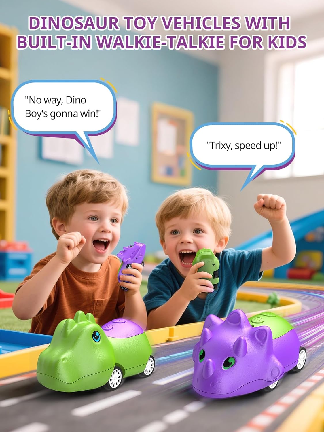 Dinosaur Walkie Talkies for Kids Rechargeable, Dino Toy Cars for Boys & Girls Ages 5-7, Crystal-Clear Audio, 48H Playtime, Fun Indoor & Backyard, 3 Year Old Boy Gift Birthday Xmas, 2 Pack