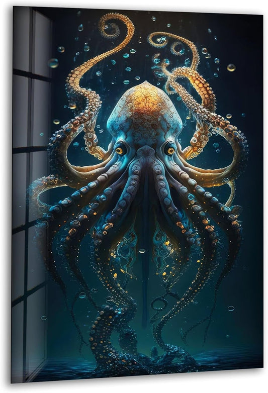 My Photostation.com 30Wx35.5H'' Underwater Blue Octopus Glass Wall Art Tempered Glass Printing Wall Decor Large Wall Art Wall Hangings