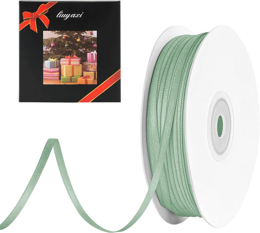 LIUYAXI Sage Green Double Faced Satin Ribbon, 1/8" X Continuous 100 Yards, Thin Ribbons Perfect for Gift Wrapping Wedding Invitation Card Hair Bows Tag Floral Arrangement DIY Craft