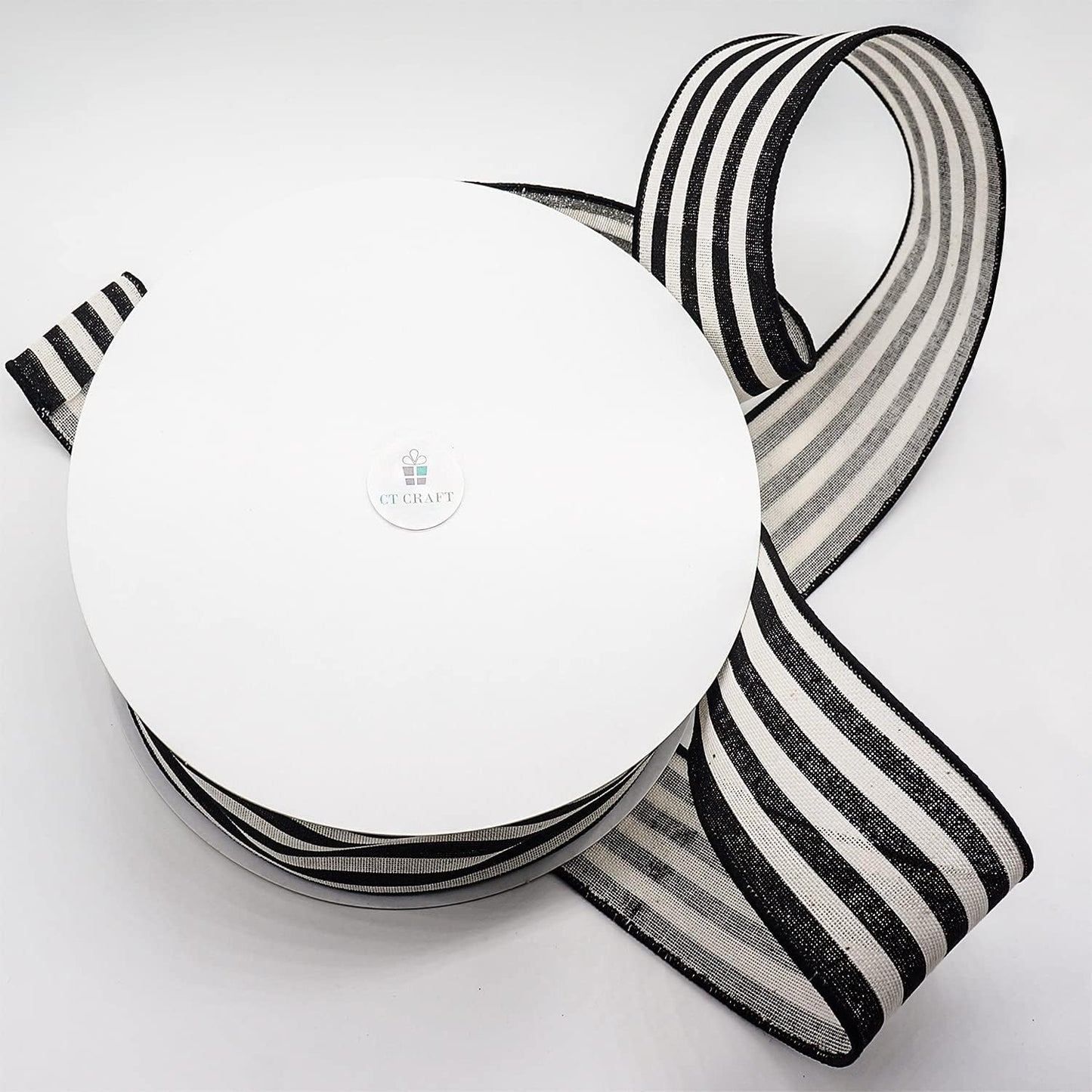 CT CRAFT LLC Striped Canvas Cotton Ribbon 2.5" x 50 Yards Ivory/Black Stripes for Thanksgiving Christmas Home Décor Gift Wrapping Outdoor Tree Topper Bow Wreath
