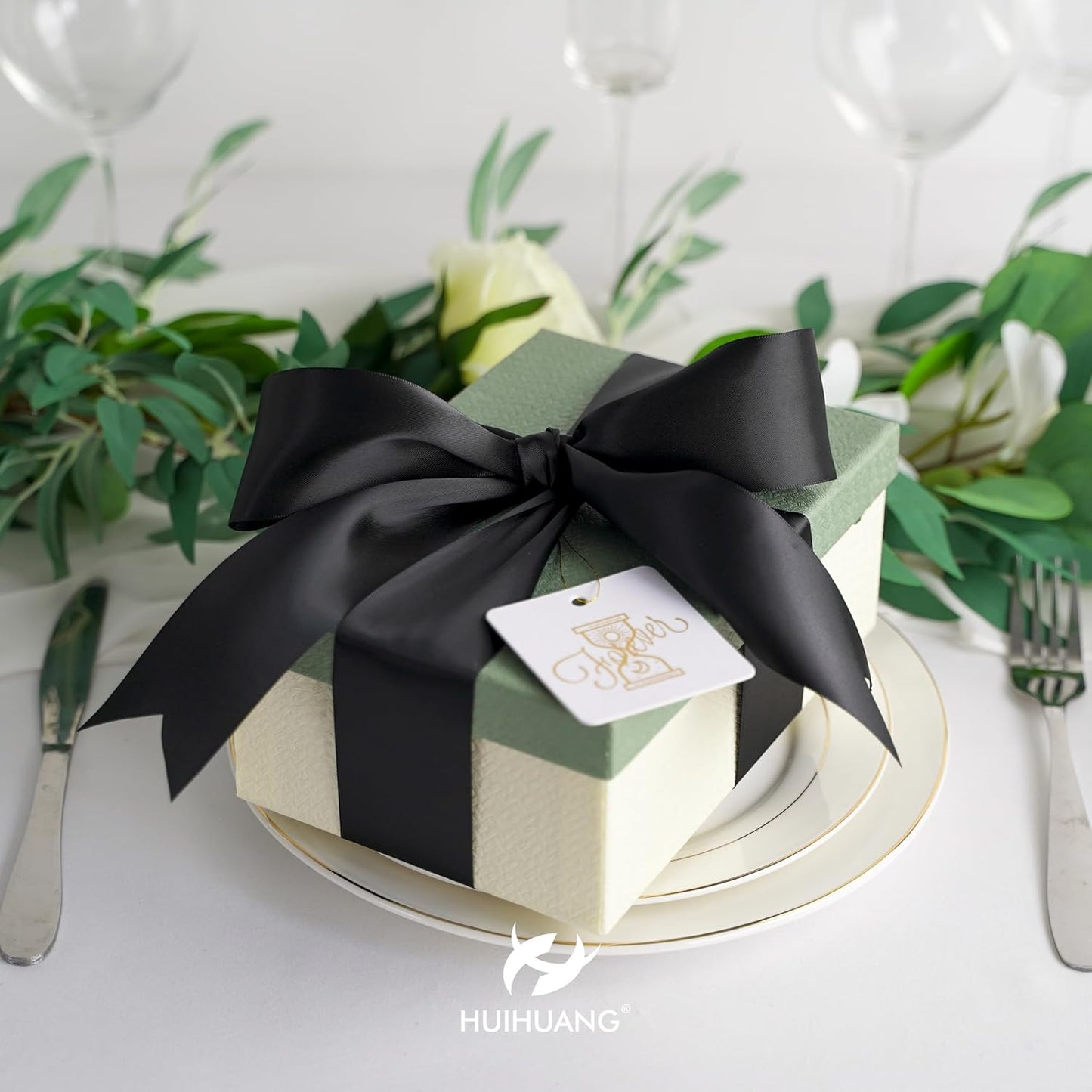 HUIHUANG Black Ribbon 2 inch Double Face Satin Ribbon Black Fabric Ribbon for Crafts, Gift Wrapping, Gift Basket Decor, Flower Bouquet Wrap, Wedding Bridal Shower Decor, Hair Bows -25 Yards/Roll