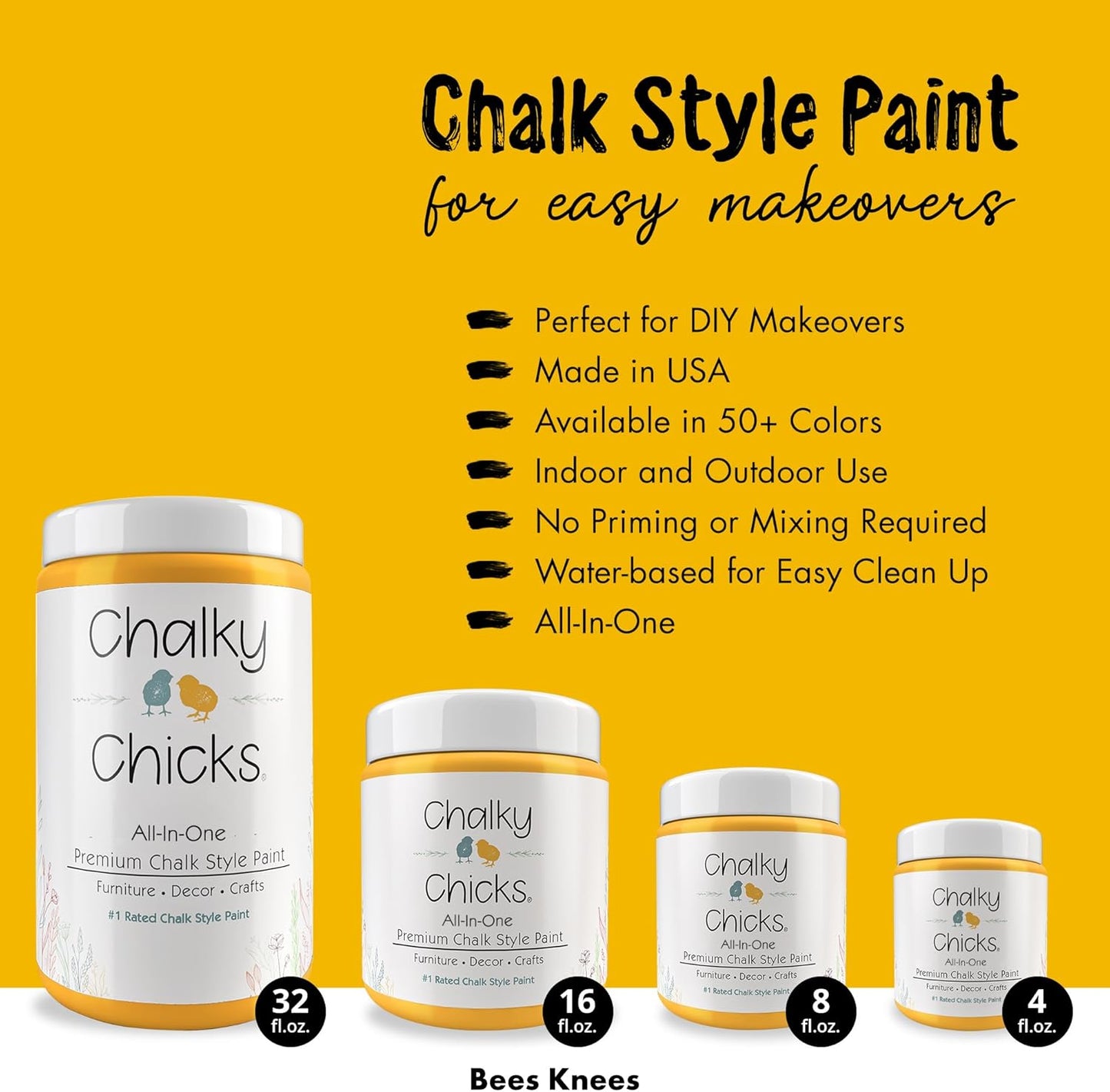 Chalky Chicks All-in-One Chalk Paint for Furniture or Cabinet - 32 Fl Oz - Matte Finish Bees Knees (Yellow) for Metal, Wood Furniture Paint - No Sanding All-in-One for Home Decor & Crafts, USA Made