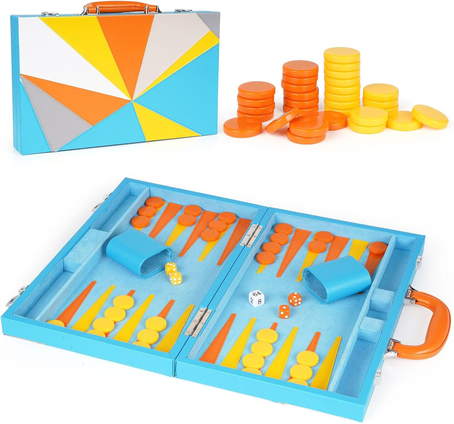 Backgammon Set, 15 Inches Classic Board Game with Leather Case, Geometric Leather Backgammon Game, Folding Portable Travel Strategy Backgammon Game Set for Adults