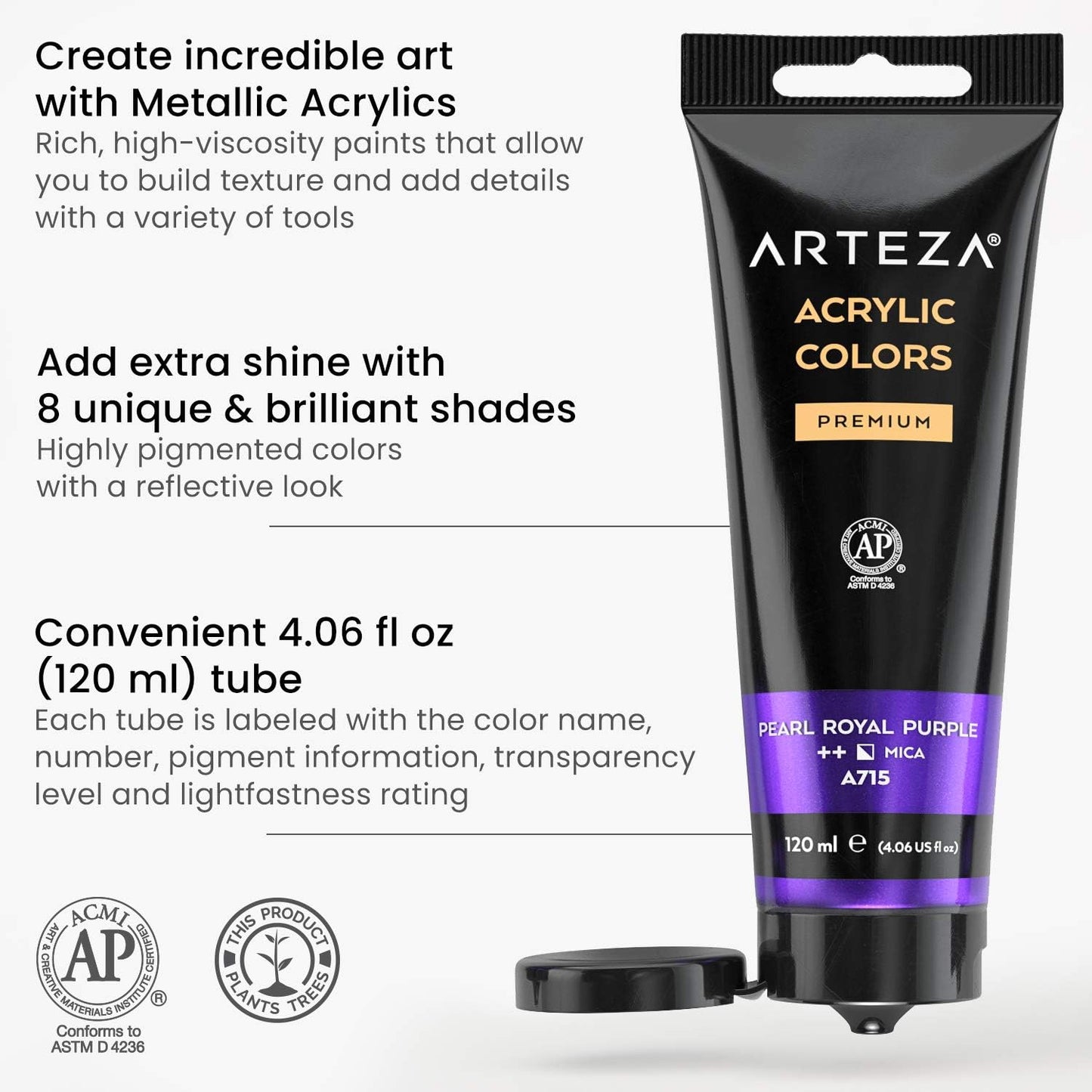 Arteza Metallic Acrylic Paint, Set of 8 Vibrant Essentials Colors 4.06oz Tubes, Rich Pigments, Non Fading, Non Toxic Paints for Artists & Hobby Painte