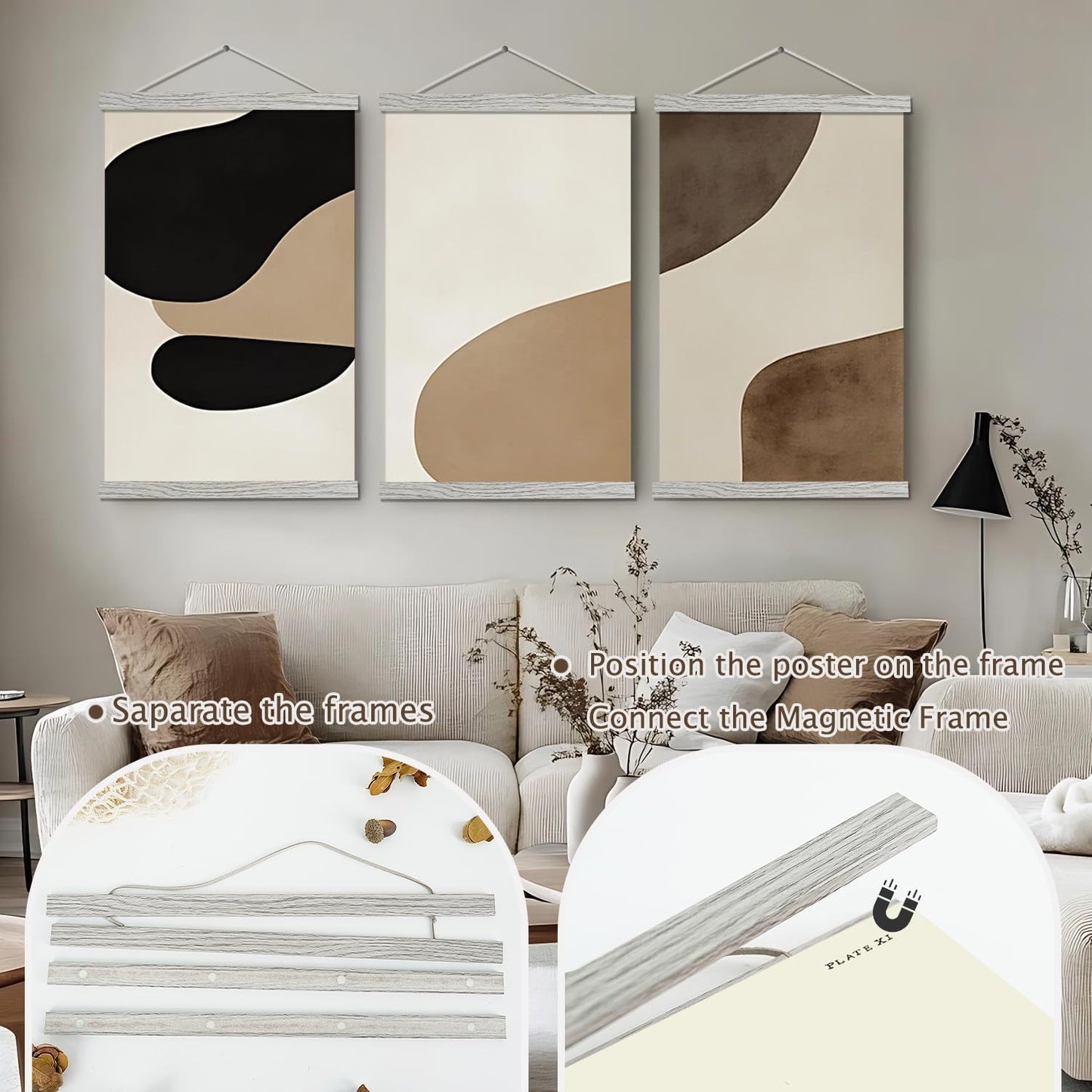 Artmag Magnetic Poster Hanger Frame, 24x36 24x32 24x18 Light Wood Wooden Magnet Canvas Artwork Print Poster Hangers Frames Hanging Kit (Grey, 24")