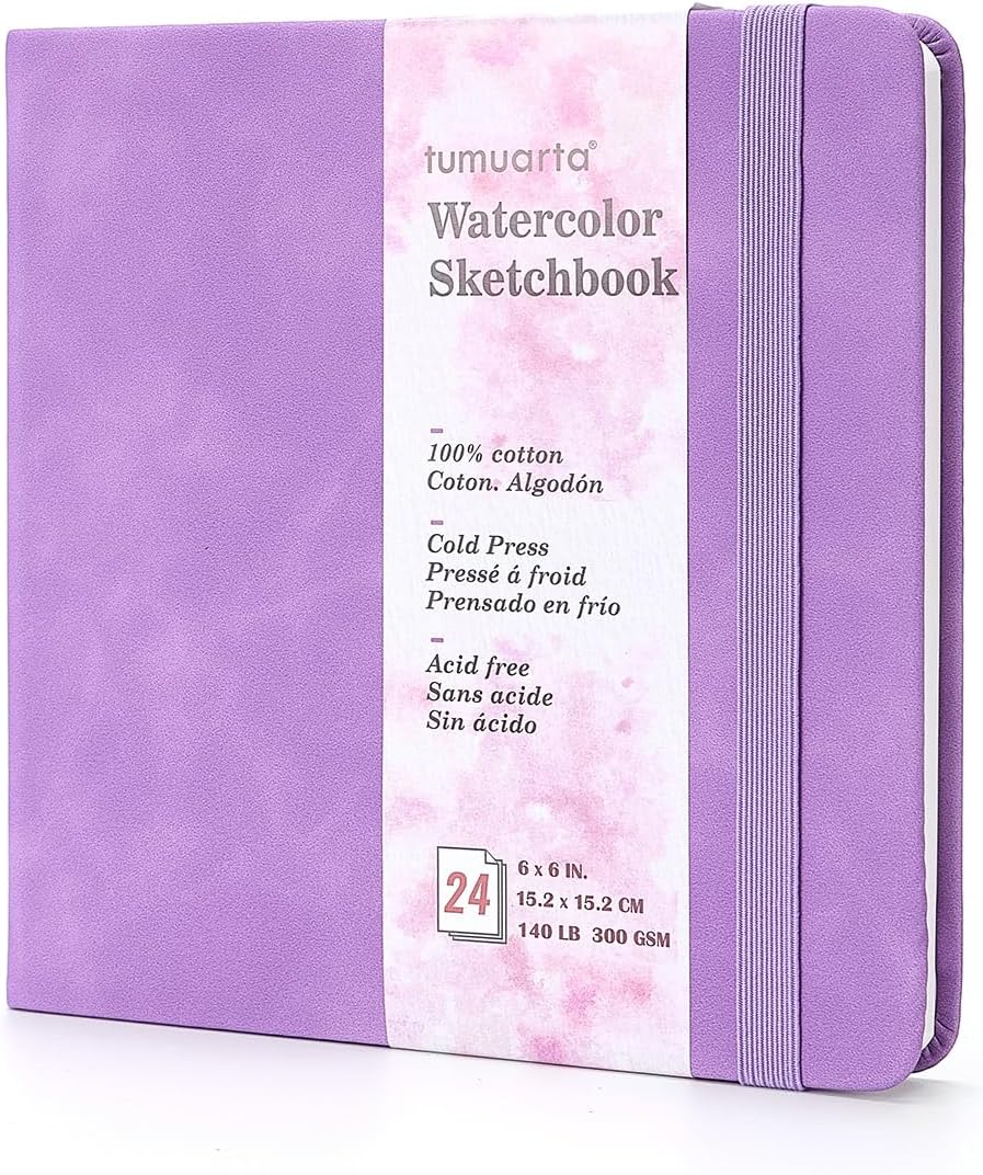 tumuarta Square Watercolor Sketchbook, 6x6 in,140 LB, 300GSM, 100% Cotton, Cold Press, Acid Free, 24 Sheets,48 Pages, Watercolor Journal for Use As Travel Notebook and Mixed Media Pad On The Go