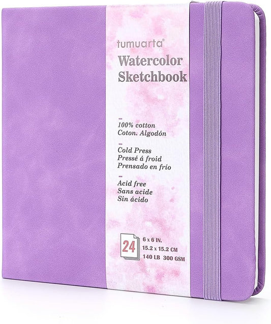 tumuarta Square Watercolor Sketchbook, 6x6 in,140 LB, 300GSM, 100% Cotton, Cold Press, Acid Free, 24 Sheets,48 Pages, Watercolor Journal for Use As Travel Notebook and Mixed Media Pad On The Go
