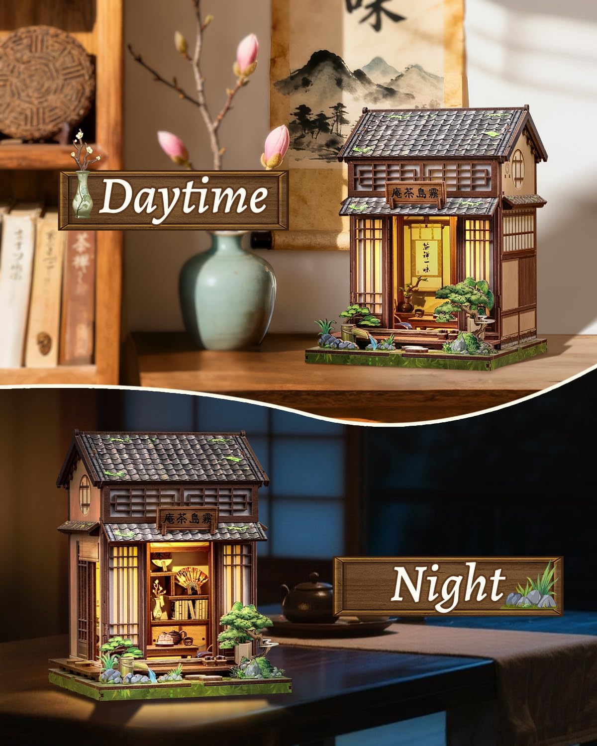 CUTEBEE Book Nook Kit - DIY Miniature House Japanese Tea House, Dollhouse Kit for Adults and Teens, Tiny House Bookshelf Decor 3D Wooden Puzzle, Gifts for Family, Friends（Kirishima Cha-an）