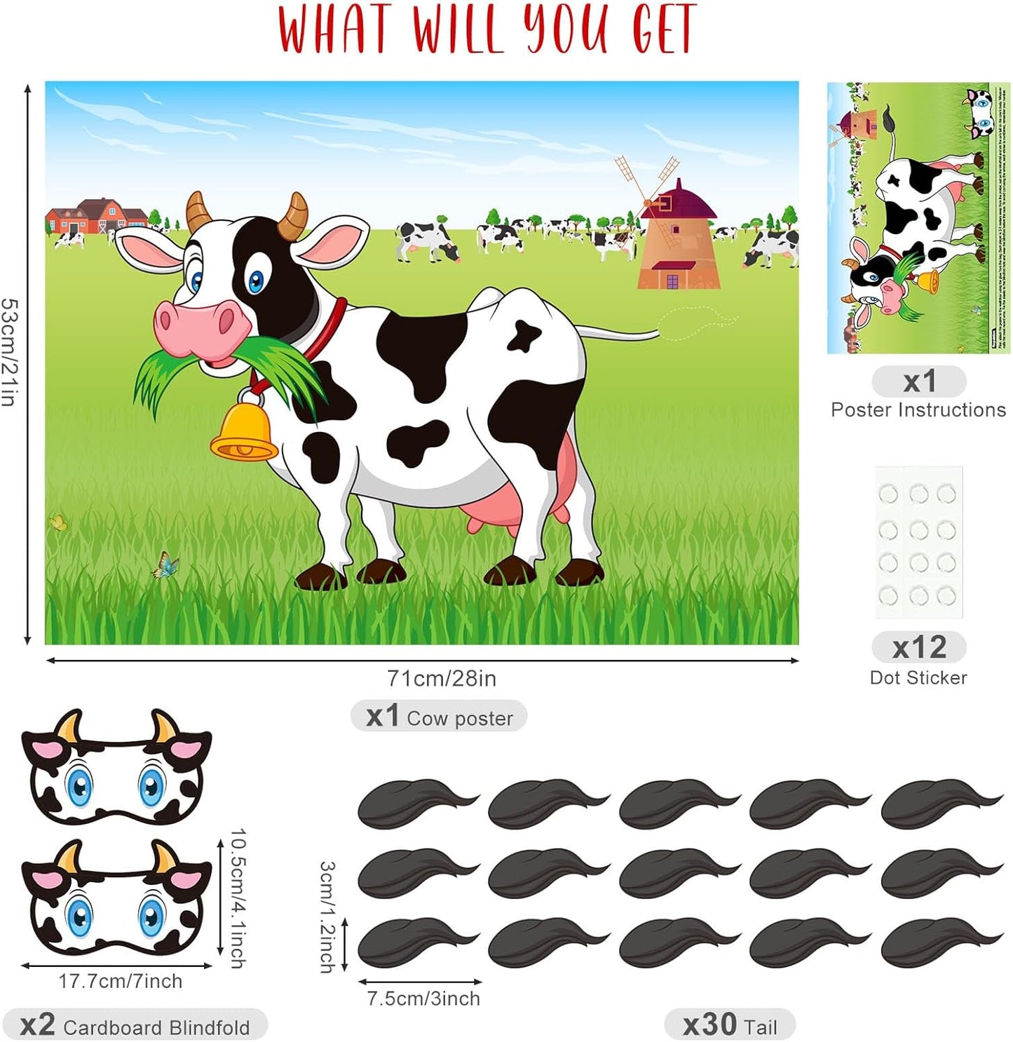 ASTARON Pin The Tail on The Cow Game with 30 Tail Stickers for Farm Birthday Supplies Pin Game, Boys Girls Animal Party Favors Christmas Decorations Home Wall Decor