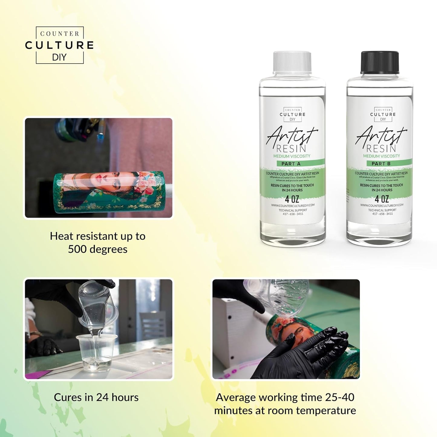 Counter Culture DIY Clear Artist Resin, Medium Viscosity, 1 Gallon Kit, Art Epoxy Supplies for Metallic Stains Acrylic 100% Solids Easy Coat No VOCs Scratch UV Heat Resistant to 500 Degrees