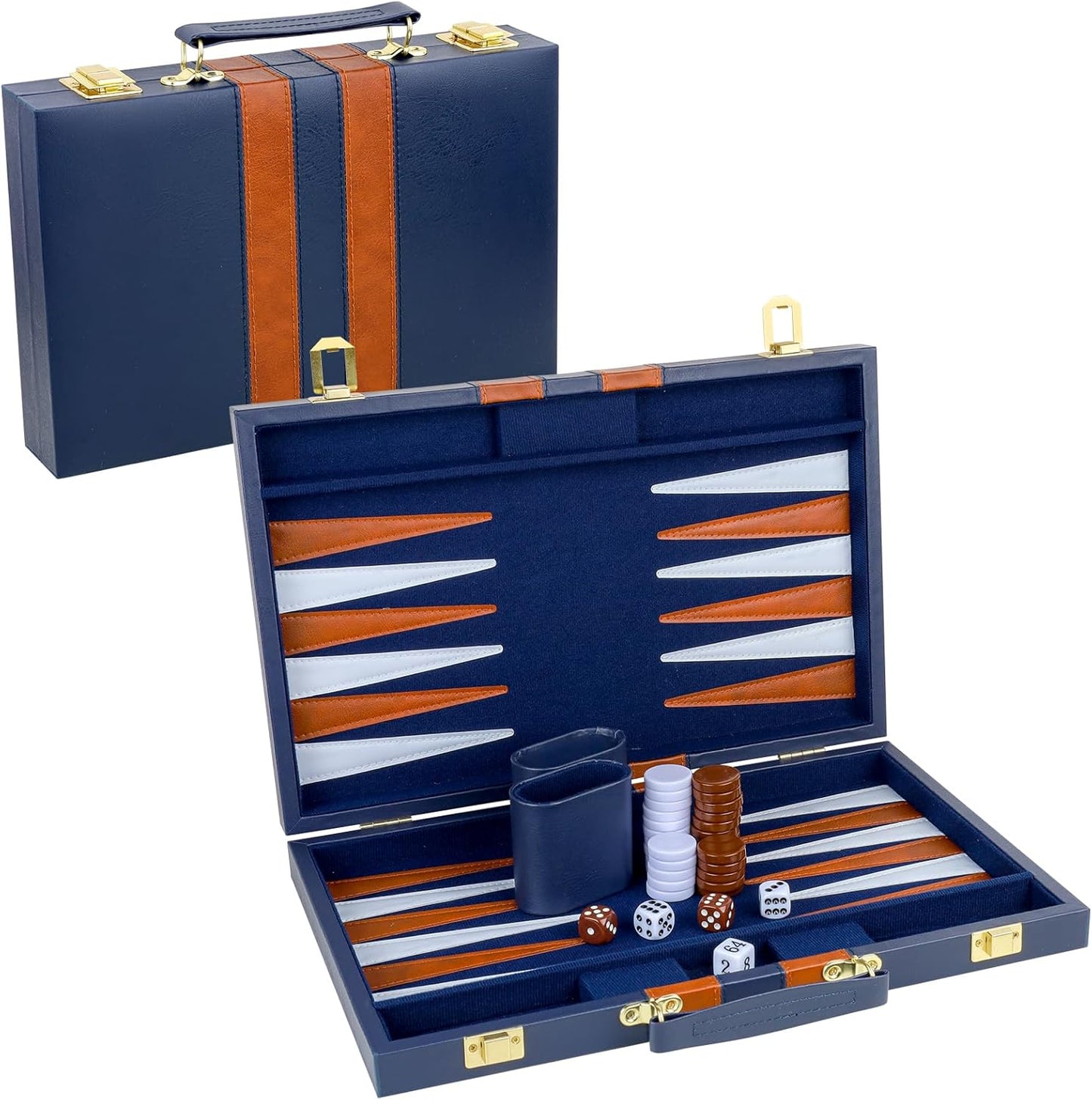 Backgammon Set 2 Players Classic Backgammon Sets for Adults Board Game with PU Leather Case Portable and Travel Backgammon Set (Navy, 15inch)