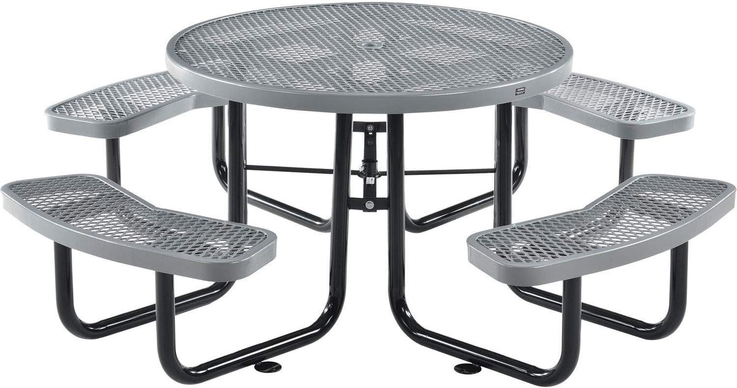 Global Industrial 46" Round Picnic Table, Expanded Metal, Gray Thermoplastic Coating, Attached Benches, 1-1/2” Umbrella Pole Hole, Outdoor-Rated, 1000 lb Capacity