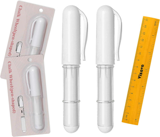 Fabric Chalk Markers for Sewing,Quilting,Crafting|Erasable Tailor Chalk|Work on Various Fabrics|Dosing Wheel Drawing Patterns Precise Line(2pk White professional tailors chalks pencil&1Ruler)
