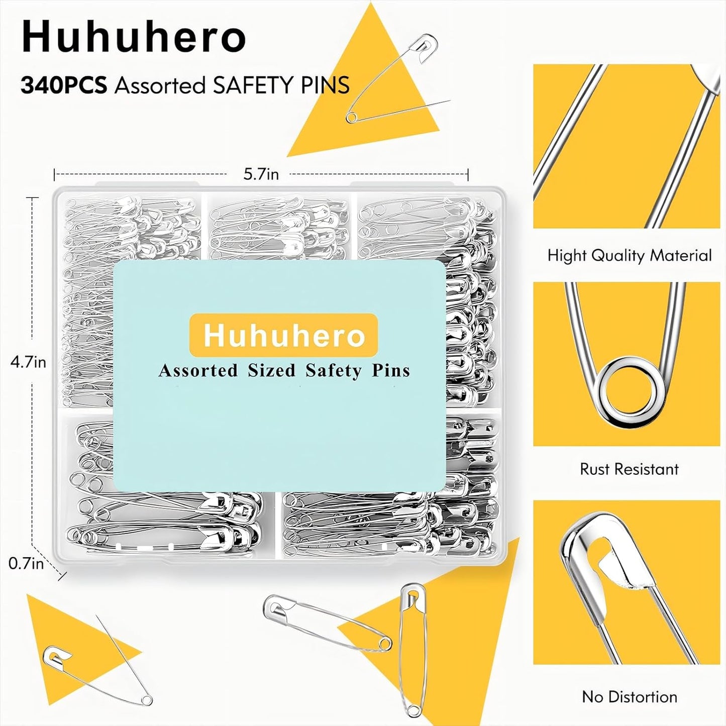 Huhuhero 340 Pack Safety Pins Assorted, Small & Large Heavy Duty Safety Pins for Clothes Costume Sewing, 5 Different Sizes Nickel Plated Steel Pin Bulk, Crafts Art Supplies, Silver