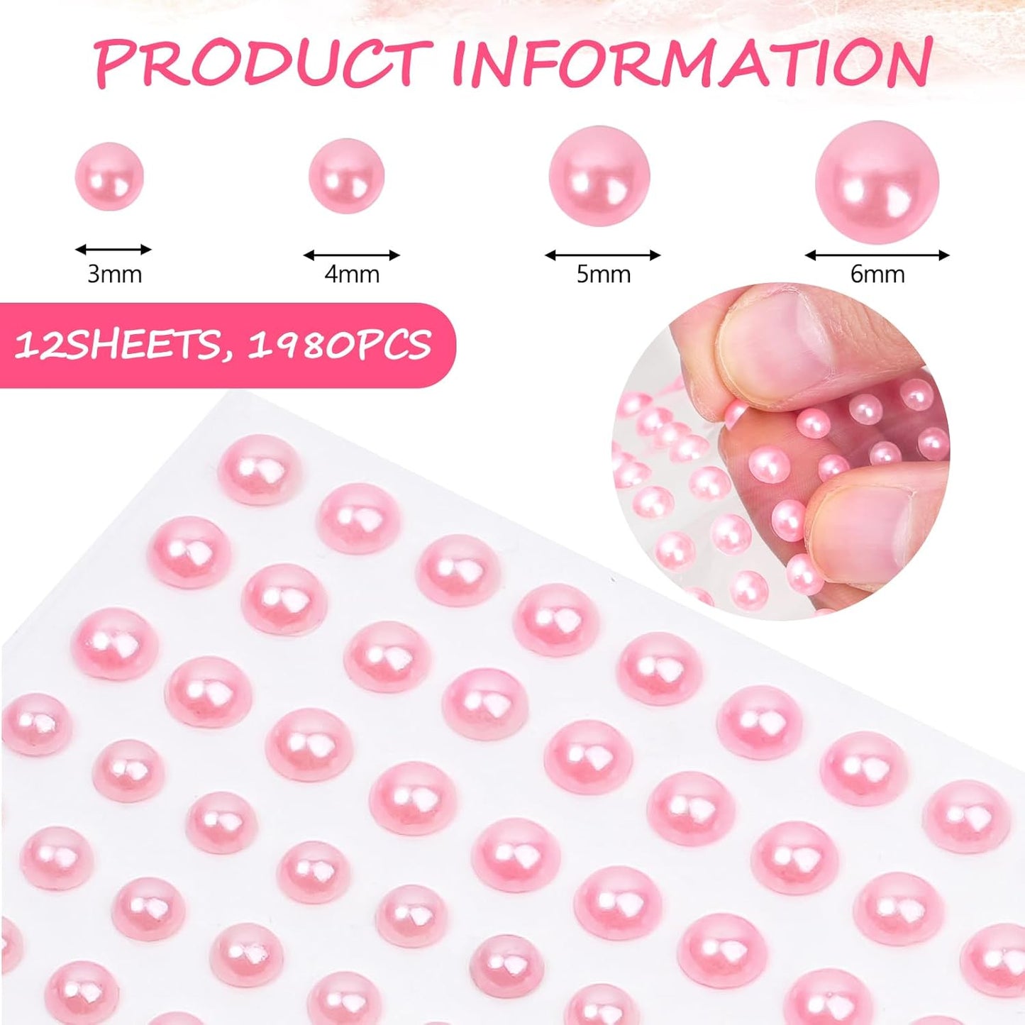 2000+pcs 12 Sheets Self Adhesive Pearl Stickers for Hair, Face, Makeup, Eye, Nail, Crafts, 3mm, 4mm, 5mm, 6mm (Pink)