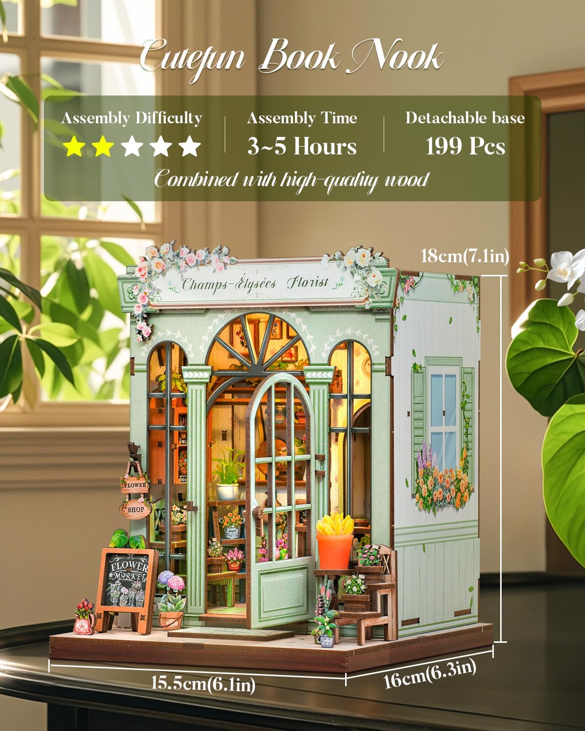 Cutefun Book Nook Kit - DIY Miniature Dollhouse Kit 3D Creative Decorative Bookend 3D Wooden Puzzle for Adults, Bookshelf Insert Room Decor with LED Light (Champs-Élysées Florist)