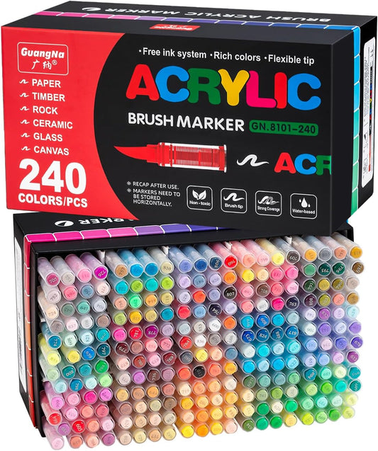 Acrylic Paint Markers Pens, 240 Vivid Colors Acrylic Markers Set,Direct Liquid Type, Stackable Color, Odorless Soft Head，Markers for School，Tooli Art ，Fabric & Creative Crafts (240)