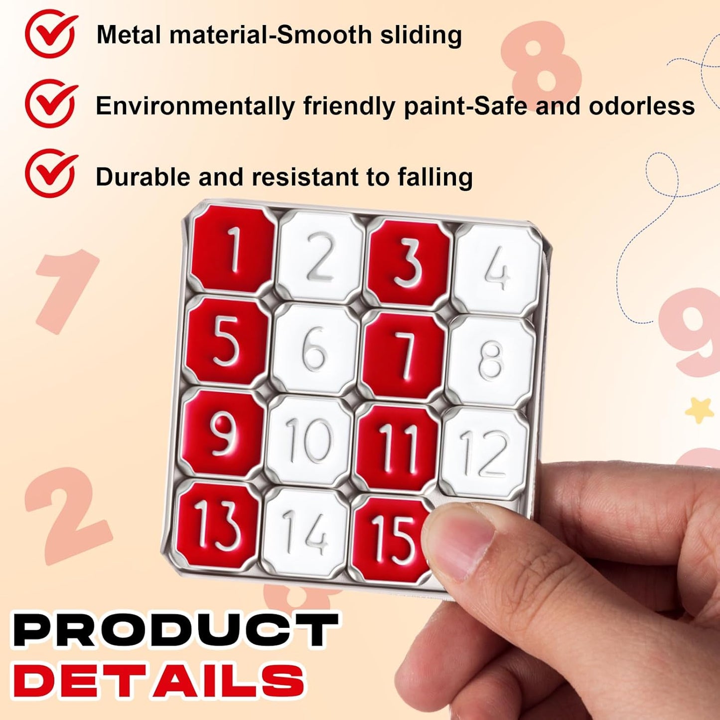Metal Number Slide 15 Puzzle Red and White Number Sliding Puzzle Educational Pocket Funny IQ Game for Teens and Adults, Ideal for Learning Tool Party Favors (Red and White,2 Pack)