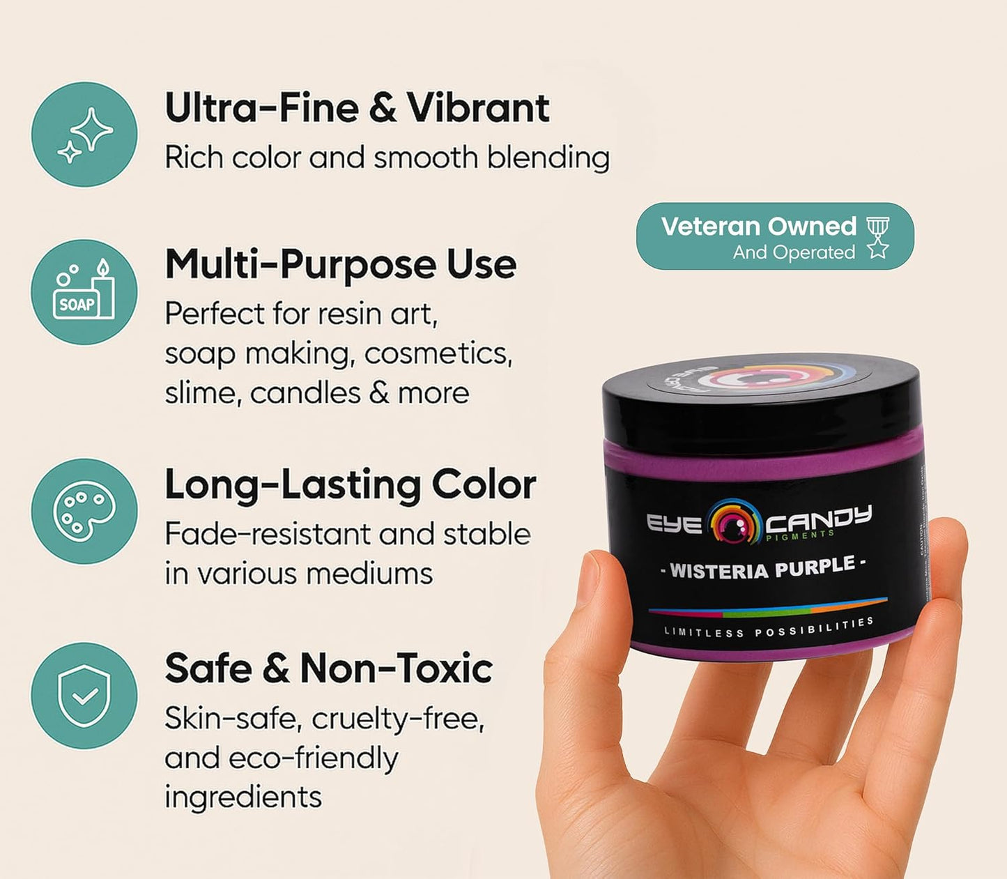 Eye Candy Pigments Premium Purple Mica Powder - Wisteria Purple (50gr) - for Epoxy, Resin, Soap, Paint, Woodworking, Acrylic Pouring, Bath Bombs, Fishing Lures - DIY Arts and Crafts Additive