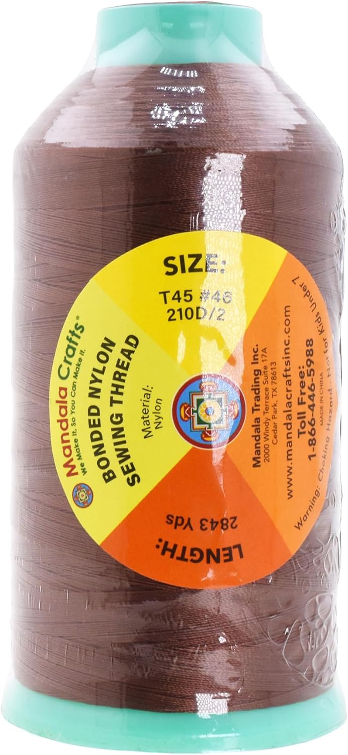 Mandala Crafts Brown Heavy Duty Nylon Thread - 2843 YDs Size 46 210D T45 Tex 45 for Leather, Jeans, Outdoor, Marine & Upholstery