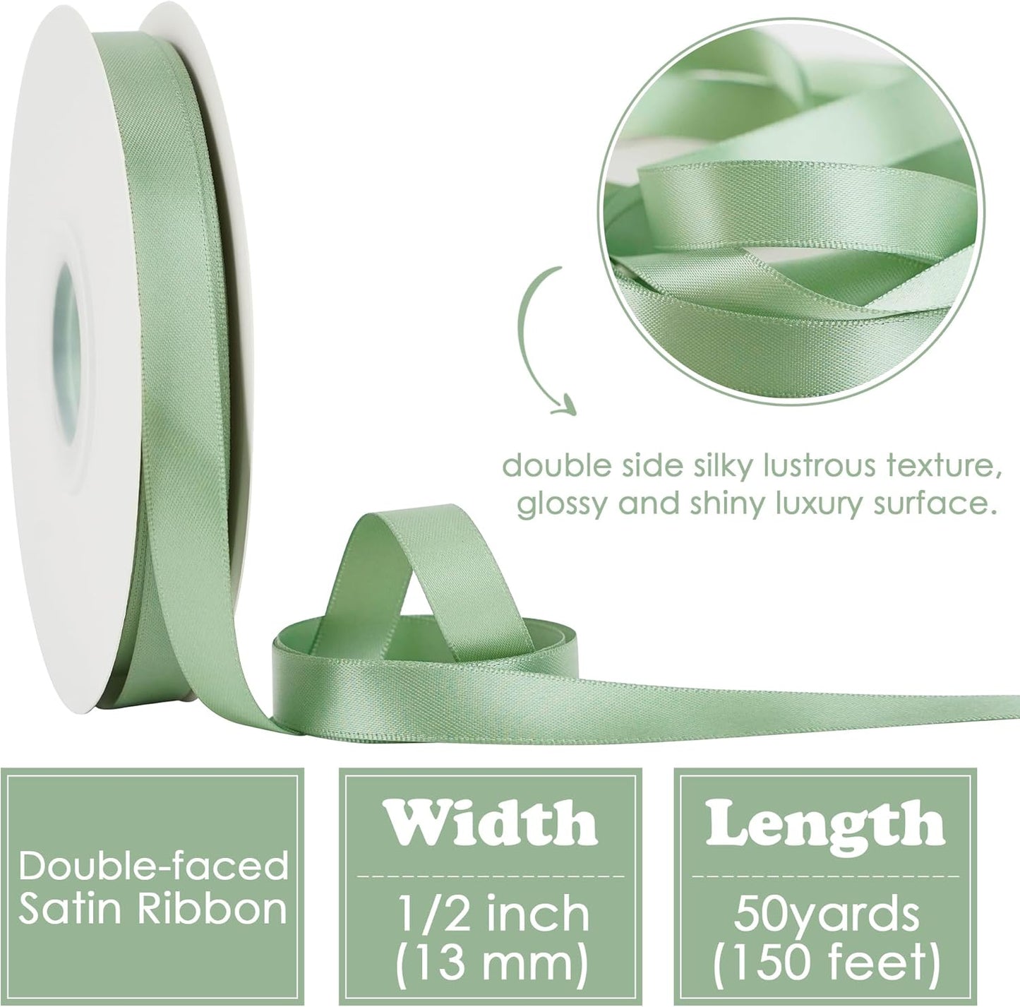 HUIHUANG Sage Green Satin Ribbon 1/2 inch X 50 Yards Continuous, Light Green Double-Faced Satin Ribbon for Gift Wrapping, Bows, DIY Crafts, Flower Bouquet, Bridal Shower Wedding Decor