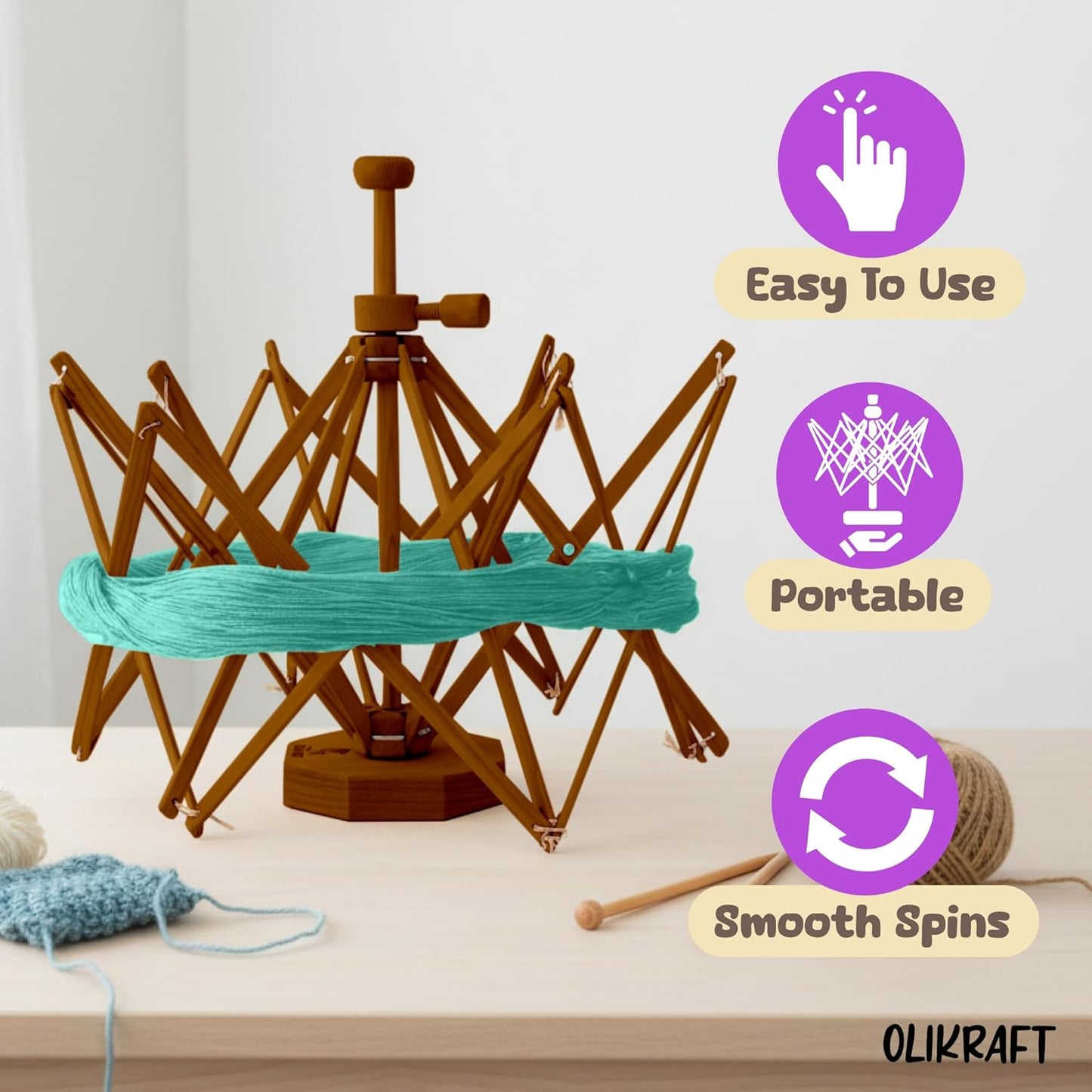 Olikraft Wooden Yarn Swift - Lightweight Reverse Yarn Umbrella Swifts, Ball Swift, Skein Winder (Brown) (Patented)