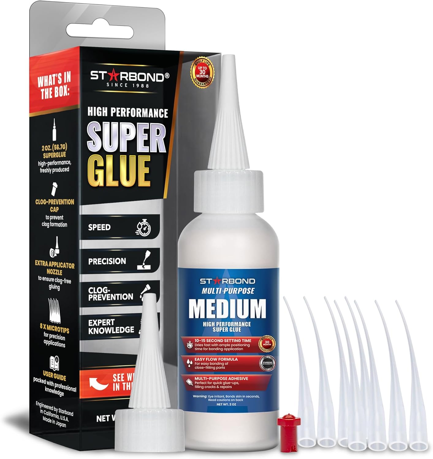 Starbond Medium Super Glue Pro Kit (2 oz) – Strong, Fast-Bonding CA Glue (Cyanoacrylate Adhesive) – with Clog-Resistant Cap, Microtips & Extra Nozzle for Quick Fixes, Woodworking, Hobby Models