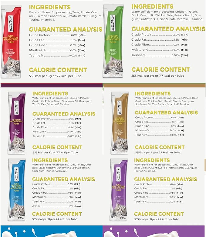 Fussie Cat Super Premium Cat Treats in Goat Milk Puree, lickable cat Treats,6 Packs of 4-0.5oz Tubes, Variety Flavor Pack of 6 Flavors.