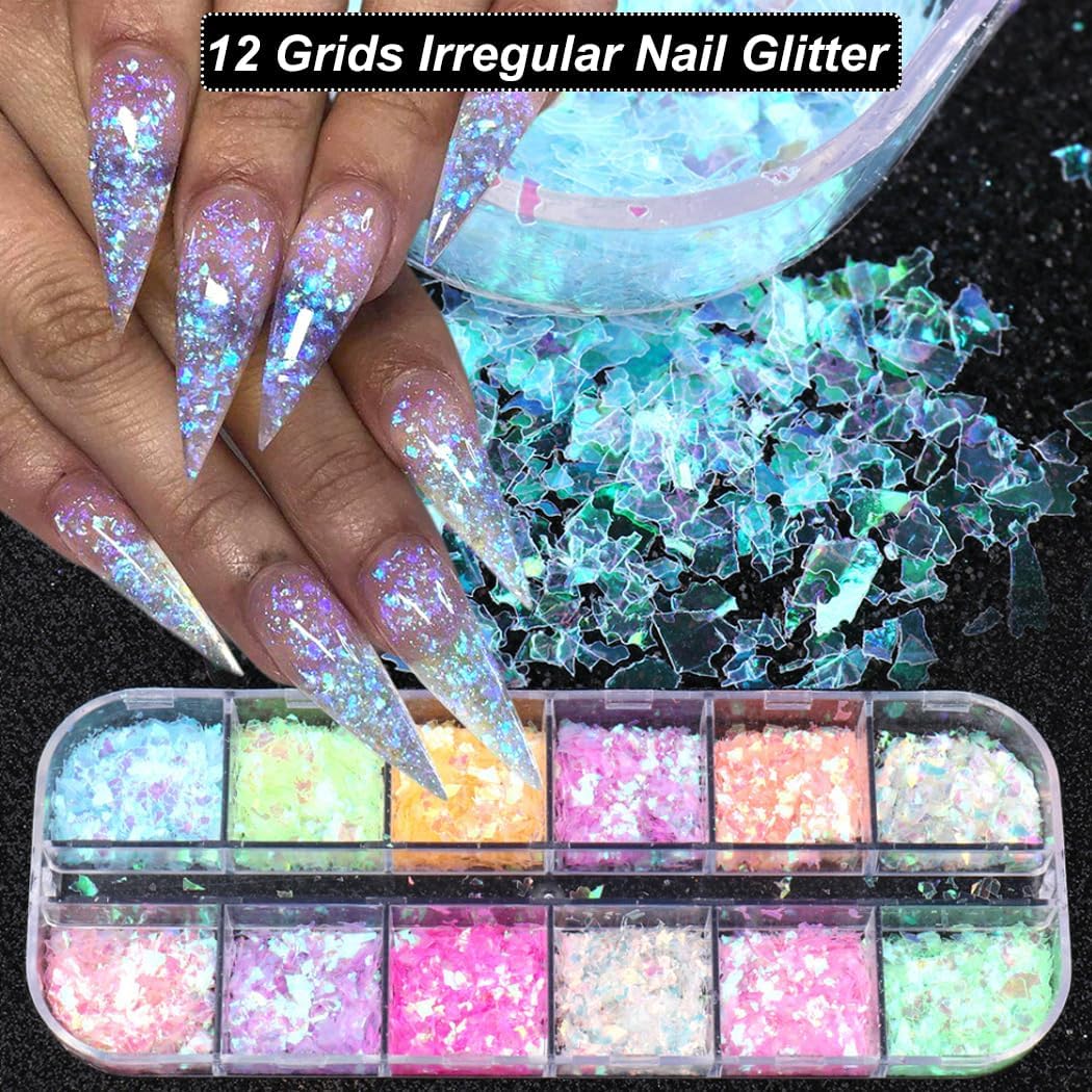 Holographic Nail Art Glitter Iridescent Flakes Nail Foil 12 Grids and Mermaid Flake Glitter Sequins 12 Grids,Colorful Fluorescent Glass Acrylic Nails Supplies Sticker for Make Up