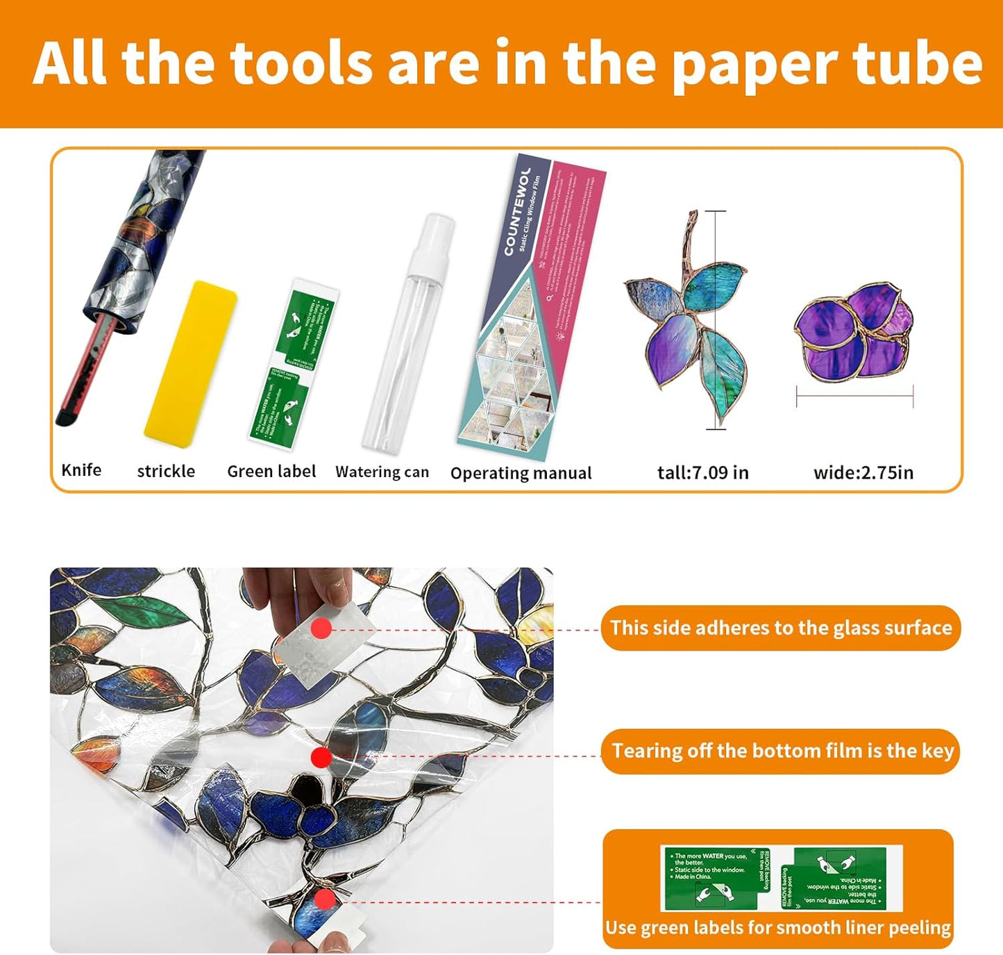 Window Privacy Film Stain Glass Window Film Rainbow Window Film Window clings Non-Adhesive Reusable Decorative for Room (Stained Leaf, 35.4 x 78.7 in)