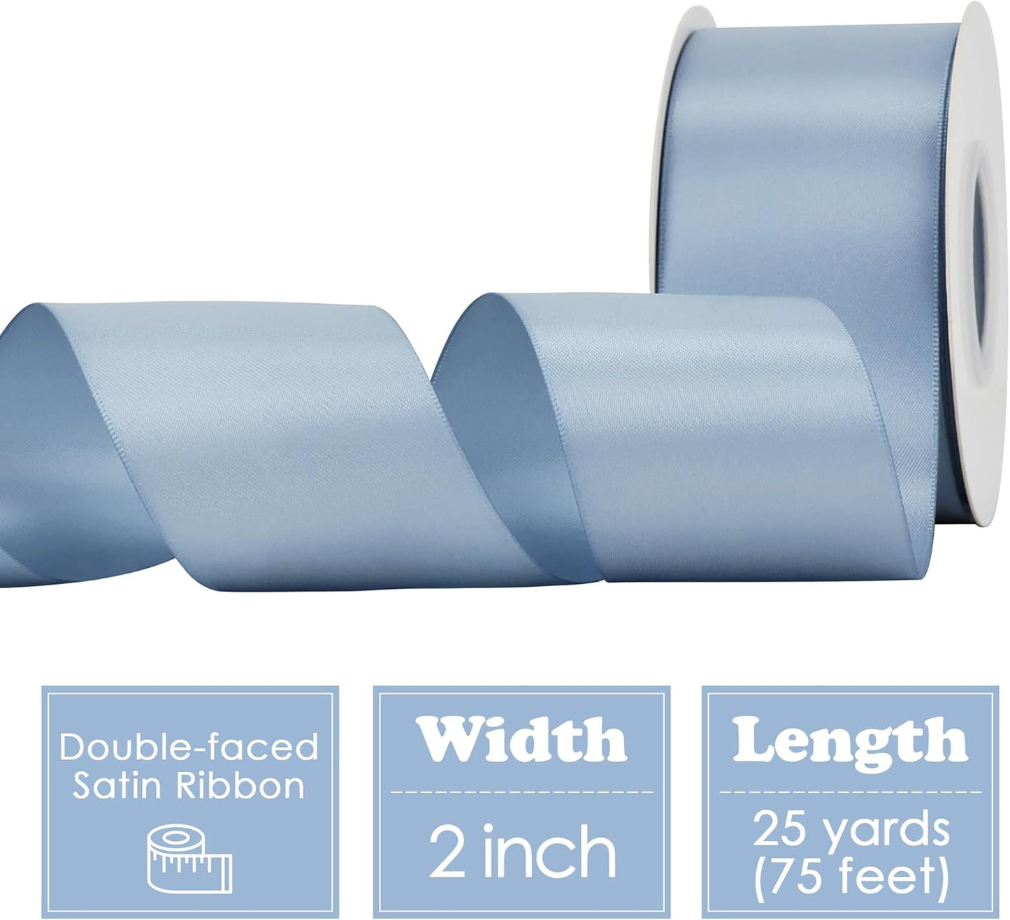 HUIHUANG French Blue Ribbon 2 inch Wide Double-Faced Blue Satin Ribbon for Crafts, Bows Making, Flower Bouquet Wrap, Gift Wrapping, Wedding Bridal Shower Decor, Home Decor -25 Yards/Roll