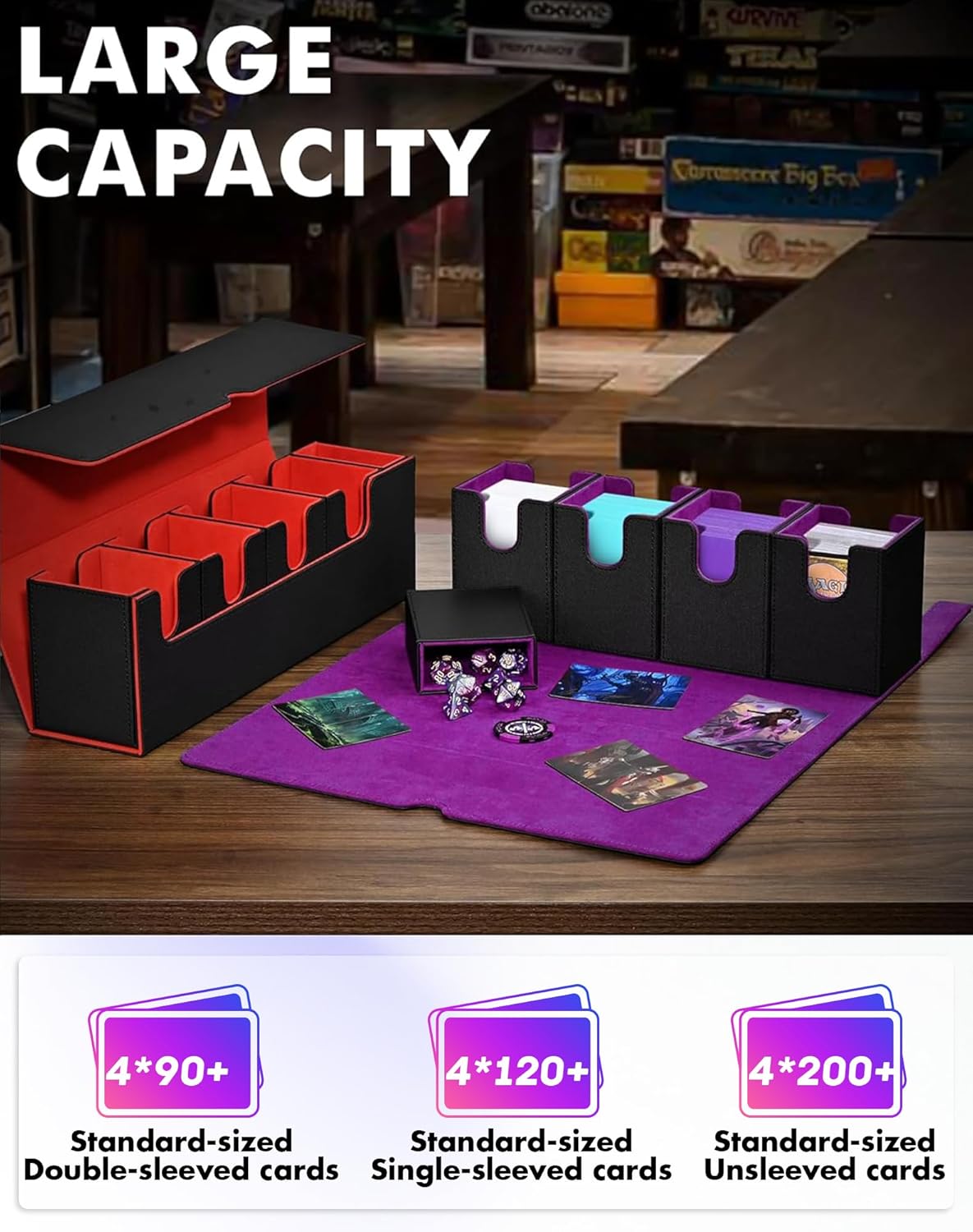 Card Deck Box with Dice Tray for MTG, 5 in 1 Card Deck Case Holds 800+ Unsleeved Cards, Strong Magnet Organizer Compatible with Yugioh TCG Sports Cards (Black Purple)