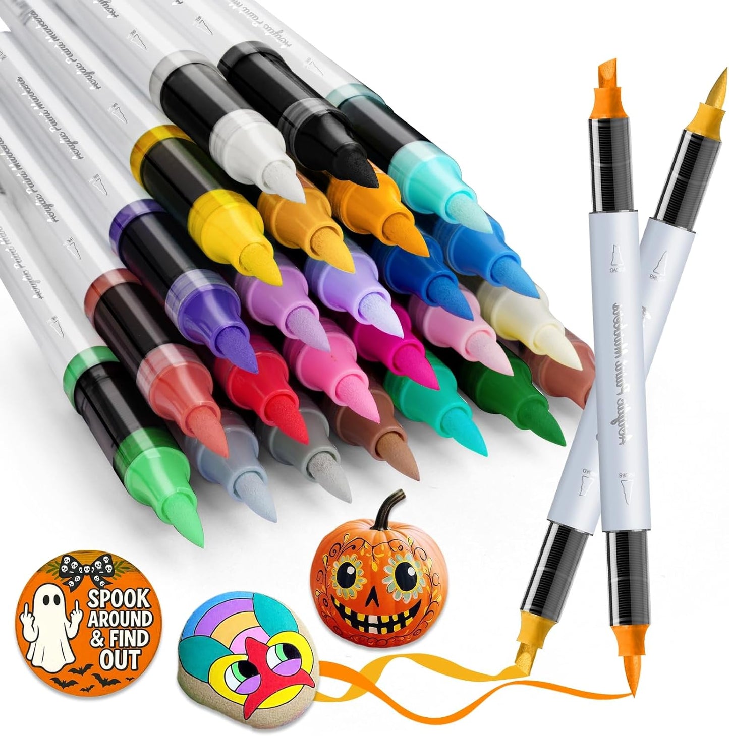 SFAIH Pumpkin Acrylic Markers, 24 Colors Halloween Decor Paint Pens for Pumpkin Decorating, Costume Making, Dual Tips (1-6mm Brush & 0.5-4mm Chisel) for Glass, Ceramic, fabric, Waterproof & Quick-Dry