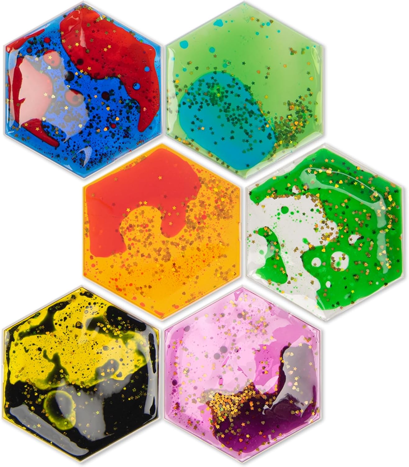 Art3d Hexagon Sensory Fidget Liquid Motion Tiles for Kids, Toddler, Teens - Interactive Soft Gel Liquid Play Mats for Home, Schools, Playrooms, Multi-Pack of 6 Tiles