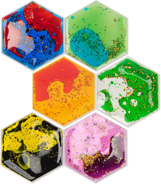 Art3d Hexagon Sensory Fidget Liquid Motion Tiles for Kids, Toddler, Teens - Interactive Soft Gel Liquid Play Mats for Home, Schools, Playrooms, Multi-Pack of 6 Tiles