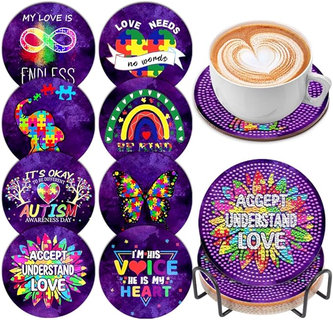 8 Pcs Diamond Art Painting Coasters with Holder, DIY Autism Awareness Diamond Art Coasters for Drinks Diamond Art Painting Kits for Beginners, Diamond Kits Craft Supplies for Adults Kids