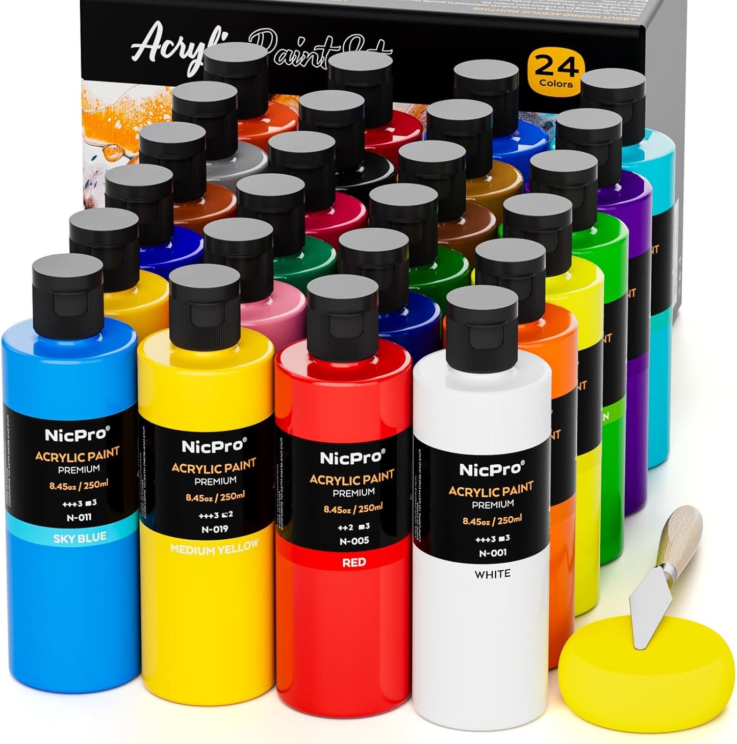 Nicpro 24 Colors Large Bulk Acrylic Paint Set (8.45 oz/250 ml), Rich Pigments Non Toxic, Bulk Painting Supplies for Artist Beginners on Canvas, Wood, Rock, Glass, Ceramic, Crafts with Color Wheel