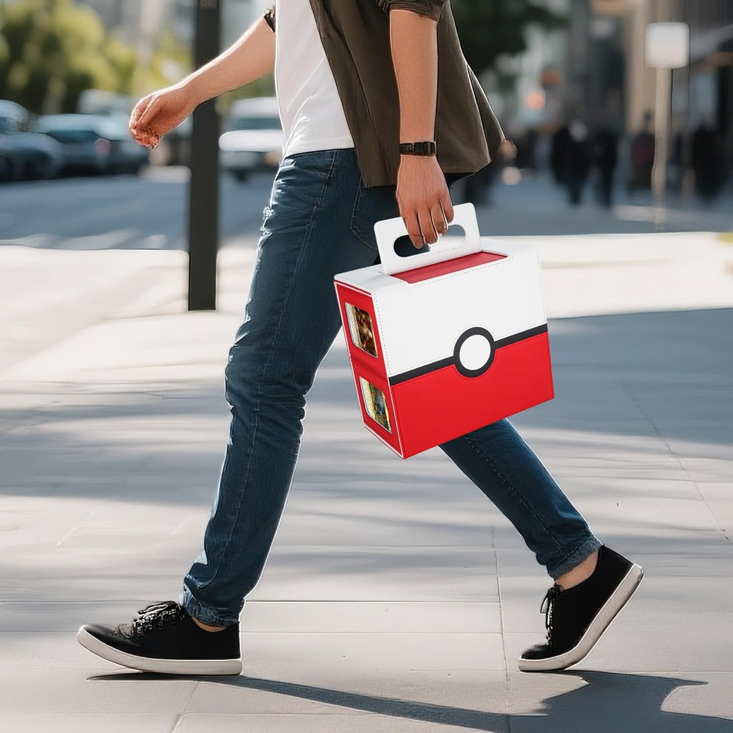 AFIING Commander Deck Box for MTG/EDH, Fits 400+ Double-Sleeved Cards, with Display Window, 4 Removable Deck Cases, Dividers, Dice Tray & Handle, Card Holders for TCG (White Red)