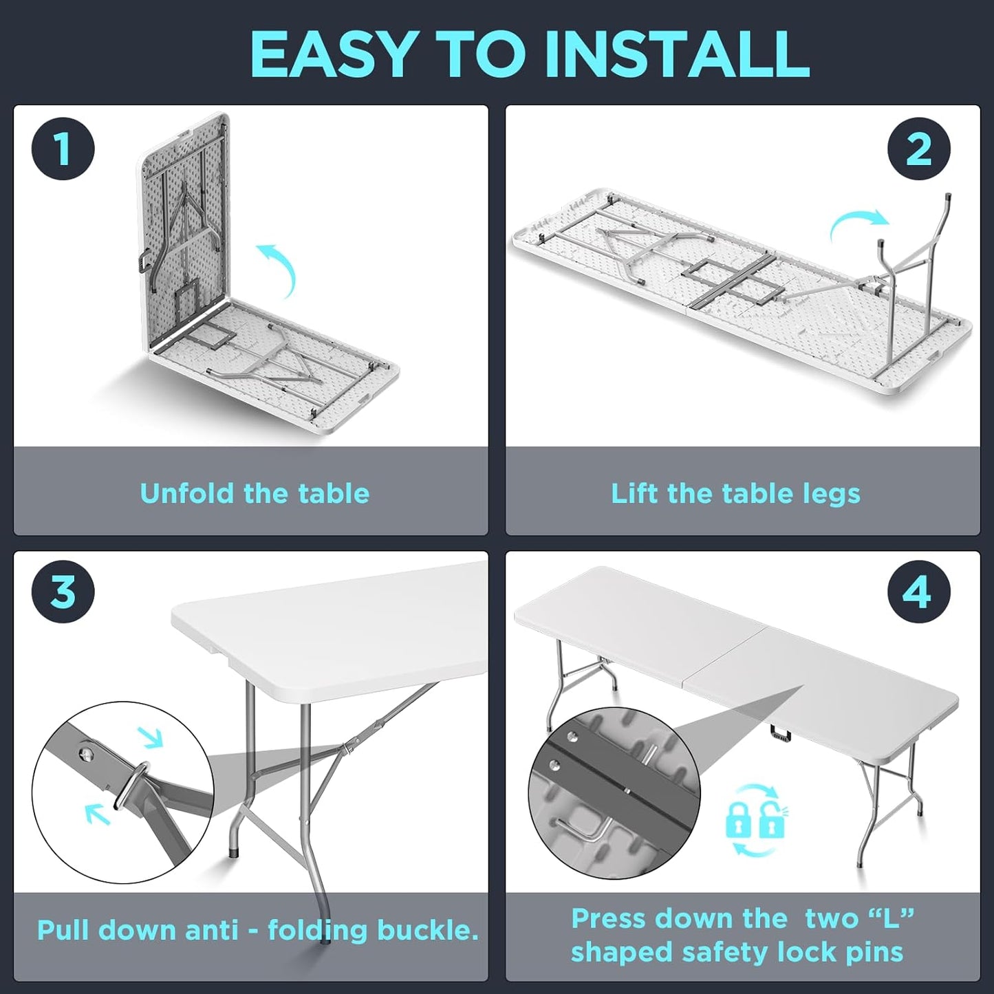 HLPB Folding Table Picnic Table, 8 ft Portable Camping Table with Handle and Safety Locks, Foldable Table Plastic Dining Table Indoor Outdoor for Camping, Picnic and Party