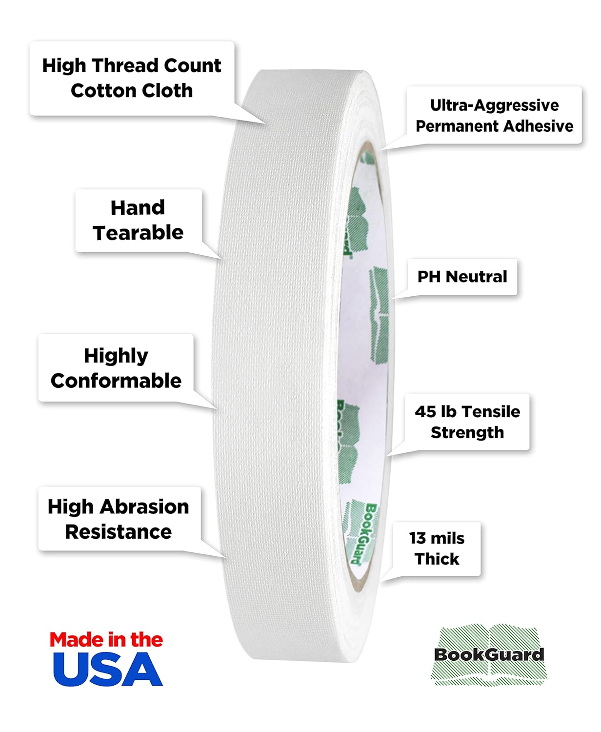 BookGuard 0.75 inch Premium Bookbinding Repair Cloth Tape, 15 Yard Roll, White
