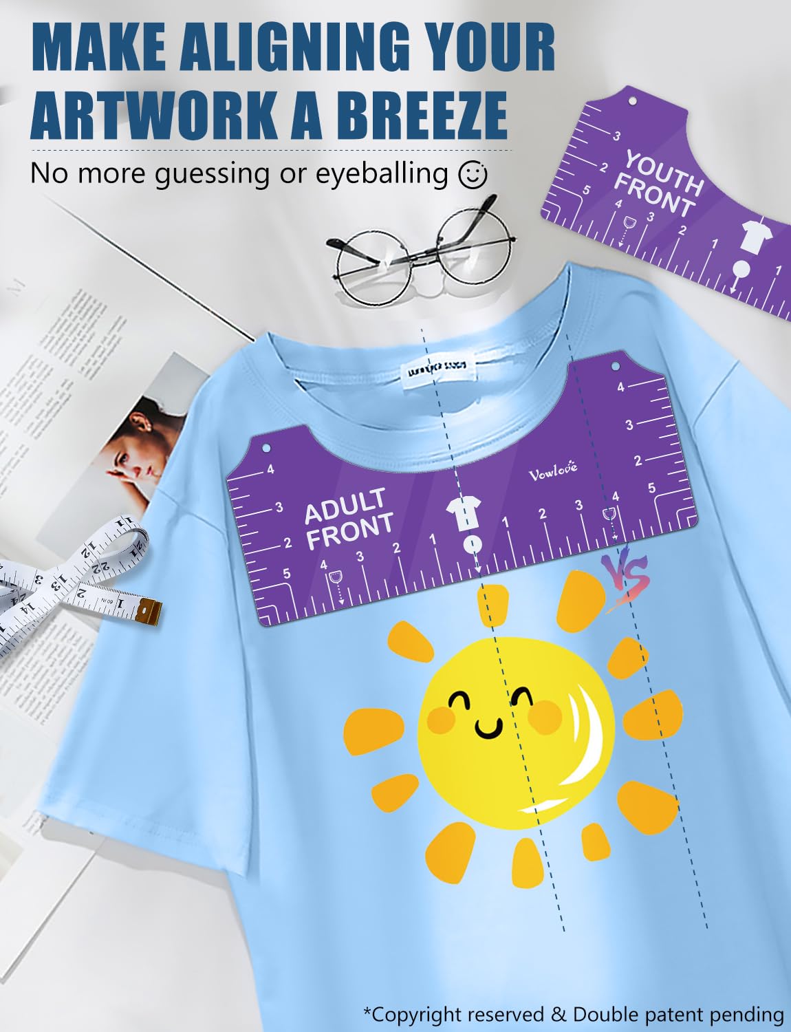 Vowlove Tshirt Ruler Guide Set for Cricut, Shirt Measure Ruler Centering Tool, Accessories for Sublimation Printers Blanks Product Bulk Embroidery Dtf Heat Press Transfers Ready to Press Film Tape