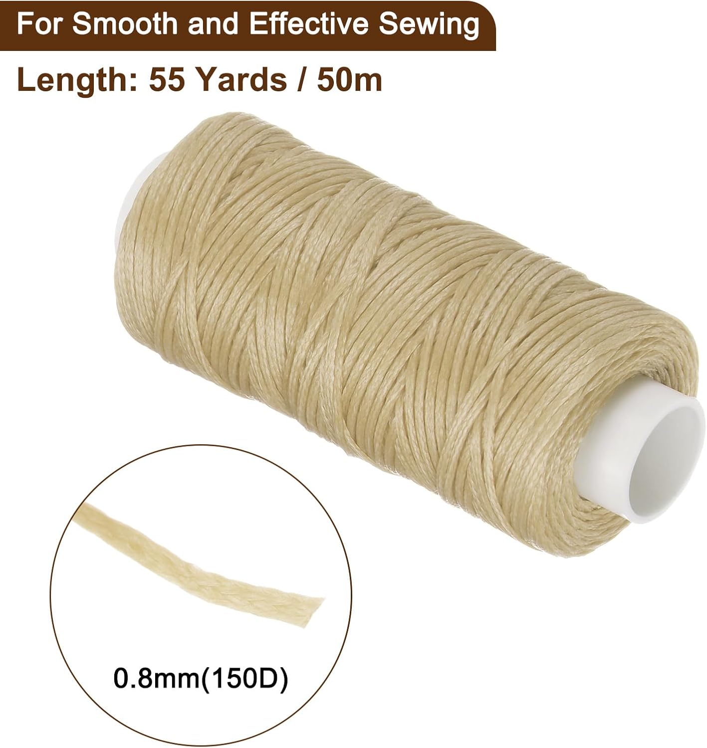 uxcell Leather Sewing Waxed Thread, 55 Yards / 50m 0.8mm 150D Flat Polyester All-Purpose Threads for Leather Crafts, Bookbinding, Beige